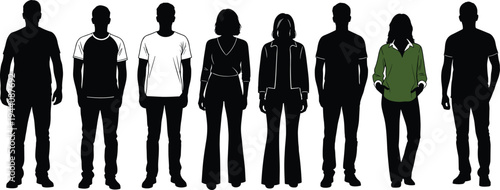 Standing people silhouette collection, men and women casual clothing figures, diverse human characters front view, social group vector illustration isolated