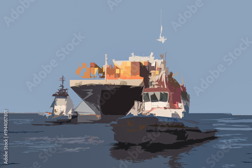 MARITIME TRANSPORT - Ship and tugs on the sea