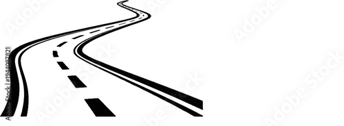 A winding, black and white road with dashed white lines curves into the distance