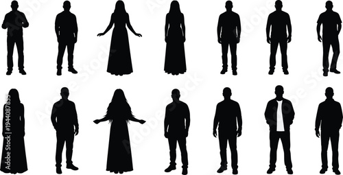 Standing people silhouettes collection, men and women full body front view poses, diverse human characters vector illustration isolated on white