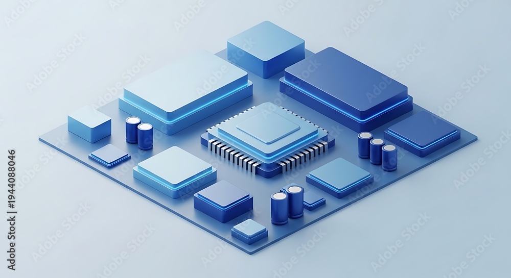 Fototapeta premium A 3d rendering of various blue computer chip components on a circuit board