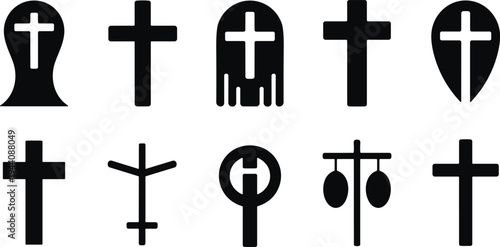 Christian cross icons set collection in black silhouette isolated on white background, religious symbols for church, faith, spirituality, cemetery, worship design elements