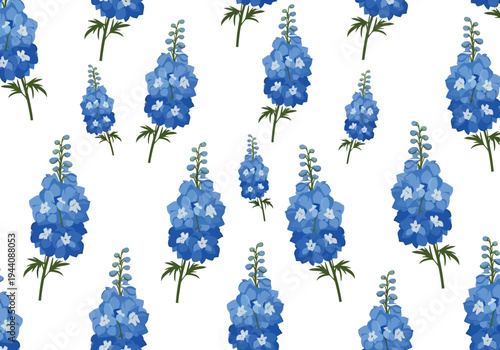Seamless watercolor blue delphinium floral pattern on white background for fabric and wallpaper design