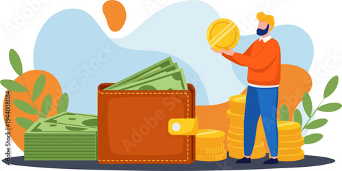 Financial management vector illustration with man holding a gold coin, wallet full of cash, and stacks of money for savings and investment concepts
