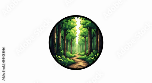 A winding dirt path leads through a vibrant green forest, bathed in dappled sunlight