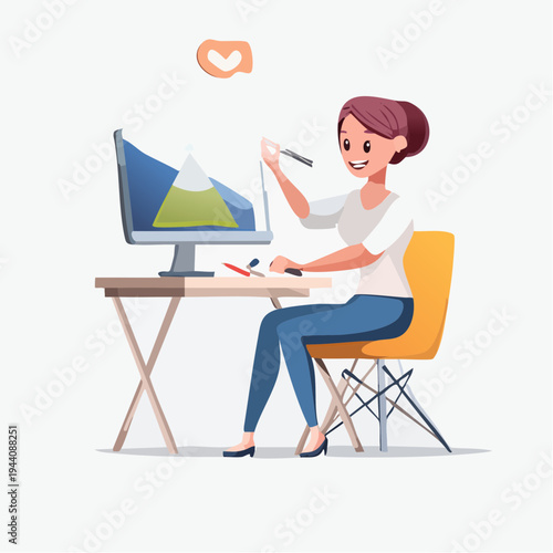 Creative Woman Graphic Designer Working on Computer Illustration