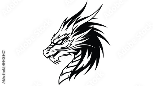 Detailed black and white illustration of a fierce dragon’s head in profile view Vector