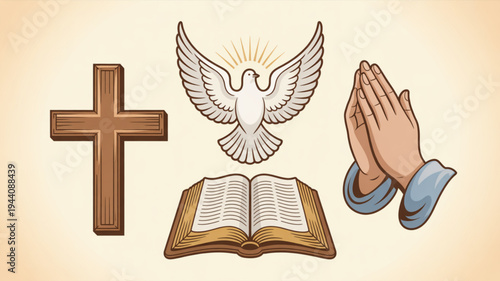 Praying hands with cross dove and holy bible on beige background symbolizing faith spirituality and religion