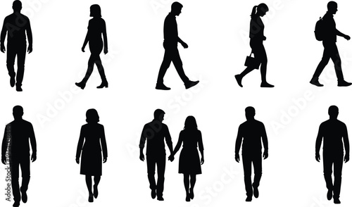 Walking people silhouettes collection, men and women casual walking poses set urban lifestyle figures isolated black vector illustration