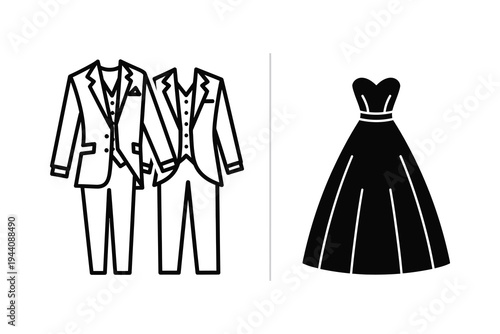 Elegant Wedding Attire Icons - Groom's Suits and Bride's Dress