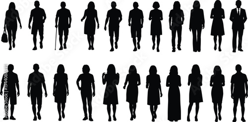 Walking people silhouettes collection, men and women in casual and business outfits moving forward isolated on white background for lifestyle design