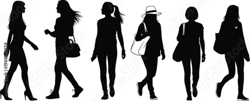 Women walking silhouettes collection, fashionable girls with bags and casual outfits walking poses set isolated black vector illustration