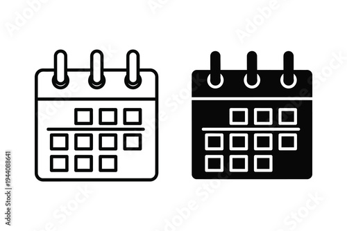 Black and White Calendar Icon Set for Scheduling and Date Management