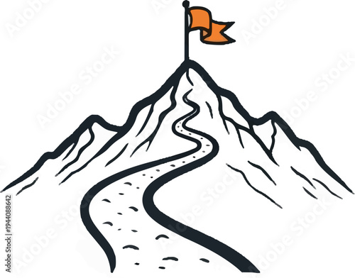 A winding path leads up a sketched mountain to an orange flag on the summit