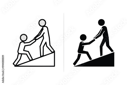Teamwork & Support Icon: People Helping Each Other Climb Up Hill, Black & White Line Art