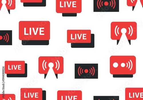 Seamless Pattern of Live Streaming Icons in Red and Black for Digital Media and Broadcast Design