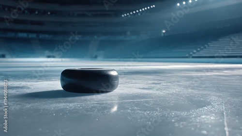 Black curling stone on empty ice rink in large indoor stadium arena