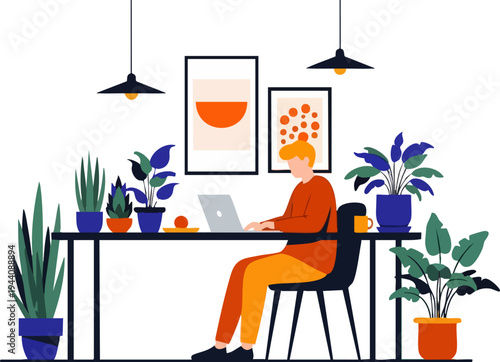Young man working remotely from home office on laptop, surrounded by various potted green plants and modern minimalist decor, flat vector illustration for remote work, freelance