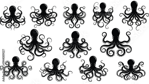 Intricate black and white octopus patterns in symmetrical grid arrangement Vector
