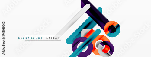 Abstract geometric shapes overlap, creating dynamic composition. Modern design utilizes vibrant colors, clean lines, simple forms.