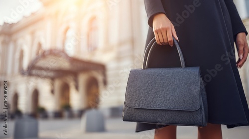 Woman holding stylish black leather handbag while walking in city. Fashionable lady with elegant accessory. Outdoor street look and urban lifestyle concept. Luxury modern style clothing.