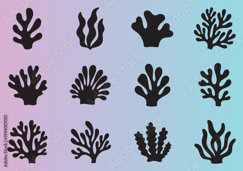 Twelve unique coral reef silhouettes in various shapes and styles