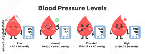 Blood pressure levels with cute blood drop characters showing low, normal, elevated and high hypertension categories. Cardiovascular health infographic. Vector illustration