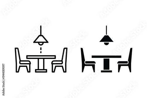 Dining Room Table and Chairs Icon Set with Overhead Lamp Design