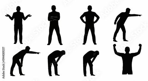 Collection of Male Silhouettes in Various Poses and Gestures.