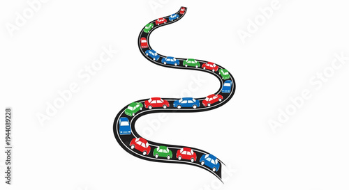 A winding road filled with red, green, and blue cars moving forward