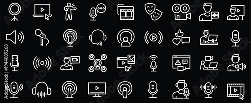 Podcast web icons in line style. Microphone, radio, webcast, audio, video, news, collection. Vector illustration.