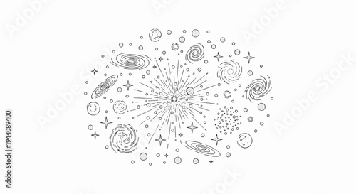 Abstract celestial explosion with spiral galaxies and stars in monochrome