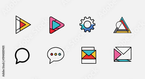 Collection of modern geometric icons representing media and communication.