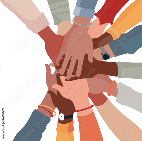 Diverse hands stacked together symbolizing teamwork, unity and collaboration, multicultural people joining hands for partnership, support and community connection concept vector illustration