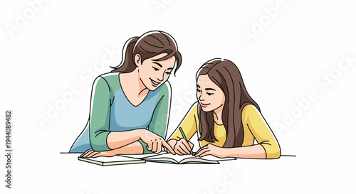 A woman patiently teaching a young girl writing in a book