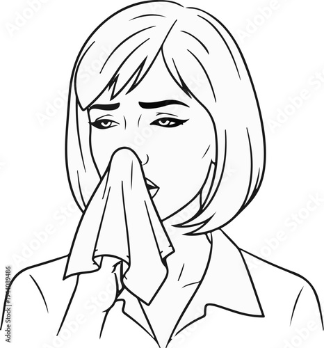 A woman's face with a tissue over her nose, expressing discomfort