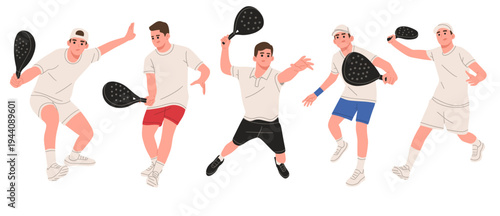Flat illustration set featuring male padel tennis players performing different action. Perfect for sports training materials, padel club promotions, athletic branding, coaching guides, sports design