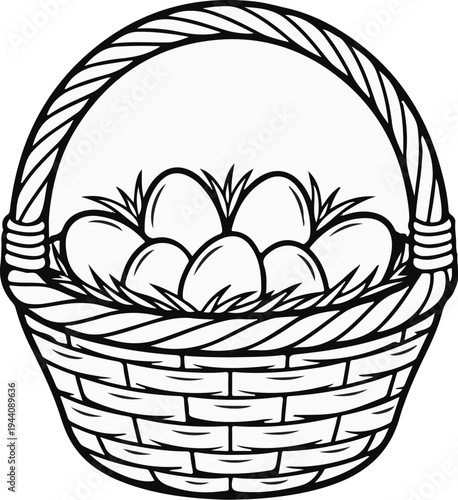 A woven basket filled with grass and eggs, featuring a braided handle