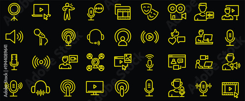 Podcast web icons in line style. Microphone, radio, webcast, audio, video, news, collection. Vector illustration.