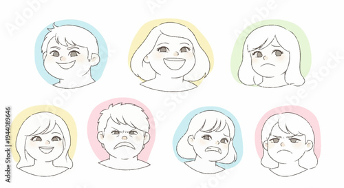 Collection of Diverse Human Emotion Faces Expressed Through Simple Line Art.