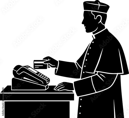 Silhouette of a priest or clergyman paying with a credit card at a terminal. Concept of modern church donations, digital payments in religion, and technology in spiritual life.