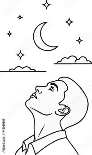 A young man gazes upwards at the crescent moon and stars in the night sky