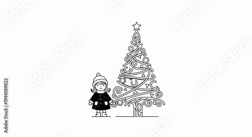A young girl in winter attire stands beside a decorated Christmas tree