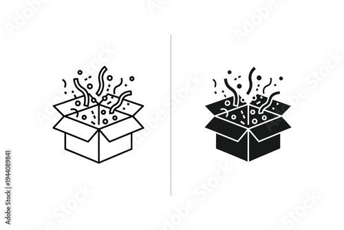 Open Gift Box with Confetti Icon - Celebration, Surprise, and Party Event Symbol Outline and Glyph