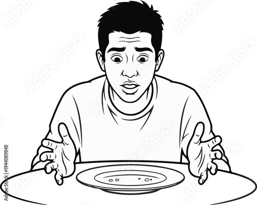 A young person looks with wide, surprised eyes at an empty plate