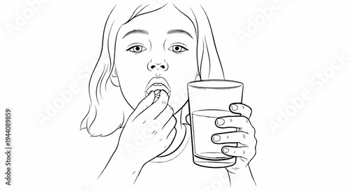 A young person taking a pill with a glass of water