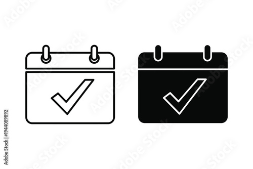 Calendar with Checkmark Icon - Appointment, Event, and Schedule Completion Symbol Outline and Glyph