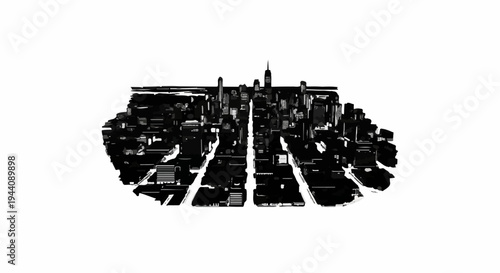 Abstract aerial view of a dense, dark, monochromatic cityscape with varying building heights and perspectives