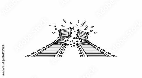 Abstract depiction of two diverging train tracks breaking apart explosively