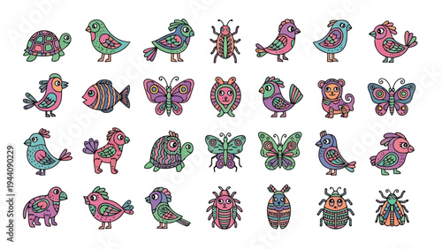 Colorful assortment of whimsical cartoon characters in playful poses and outfits Vector